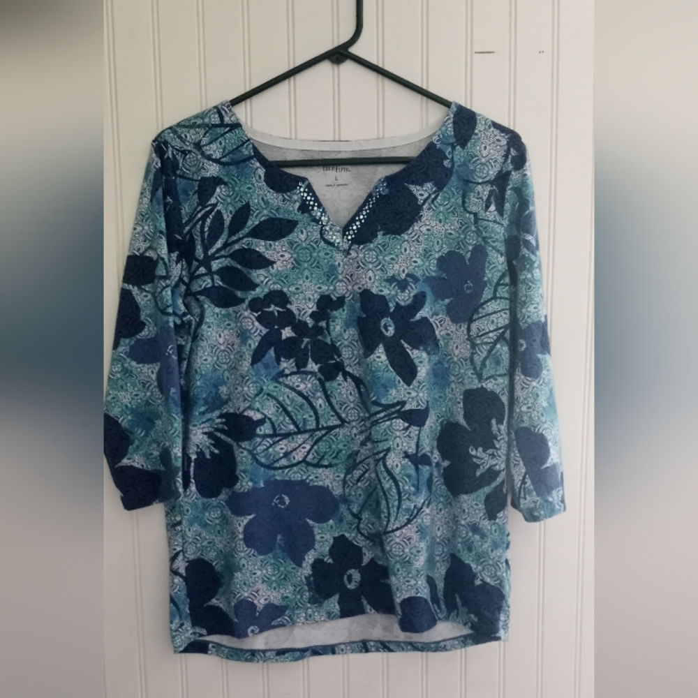 Floral Blue Women's High Fifth Long Sleeve Top Size Large